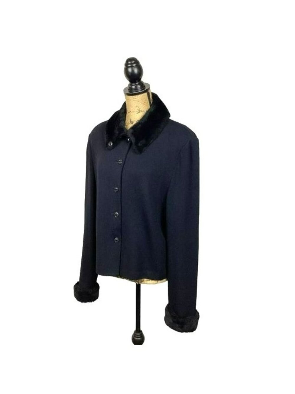 St. John Collection Womens Black Button-Up Jacket Size 14 With Faux Fur Collar & - Picture 5 of 15
